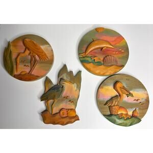 Barbara Sorenson Wooden Sculpture Plaque Art 3D Tropical Dolphin Birds set of 4